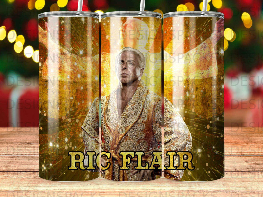 Ric Flair in ornate robe, wrestling silhouette behind him.