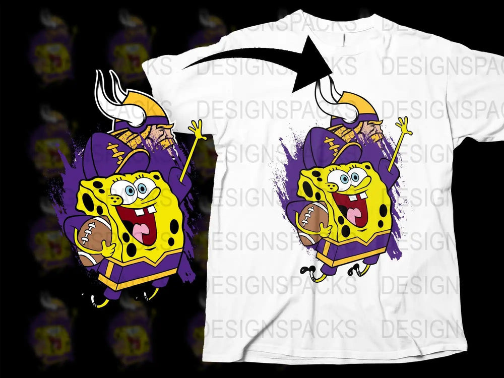 SpongeBob in Vikings gear holding football, print-ready design for t-shirts