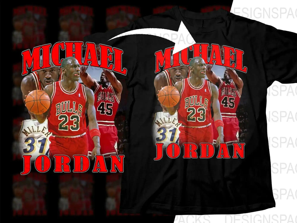 Michael Jordan Bulls 23 basketball design on black t-shirt, print-ready for DTG/DTF