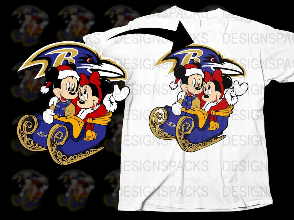 Mickey and Minnie in Christmas sleigh with Baltimore Ravens logo, print-ready design for t-shirts