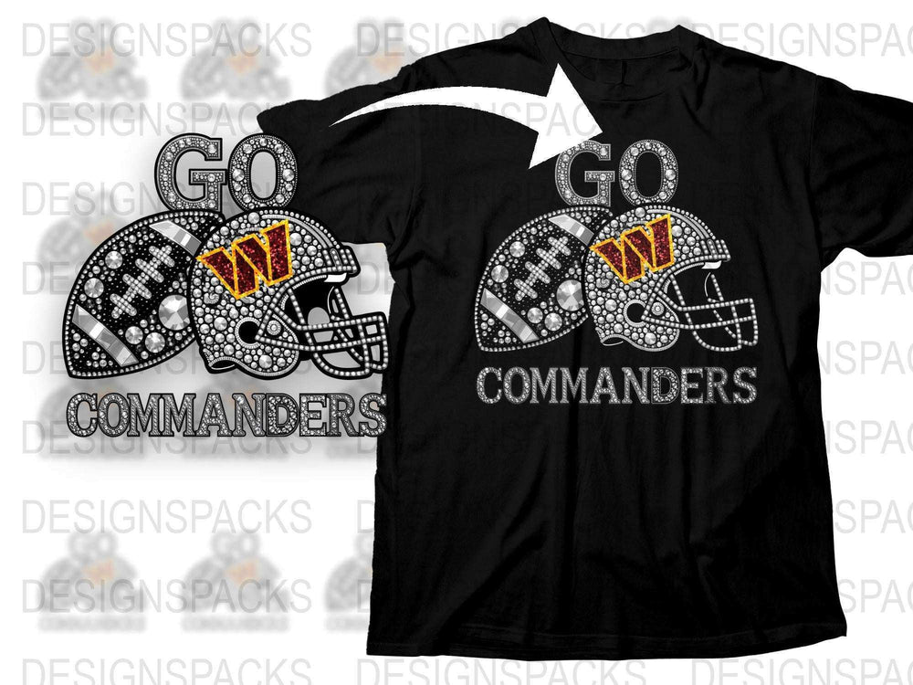 Washington Commanders Rhinestone T-Shirt, Football Fan Apparel, Black Sports Tee, Sparkly Helmet Design, Gift for Fans