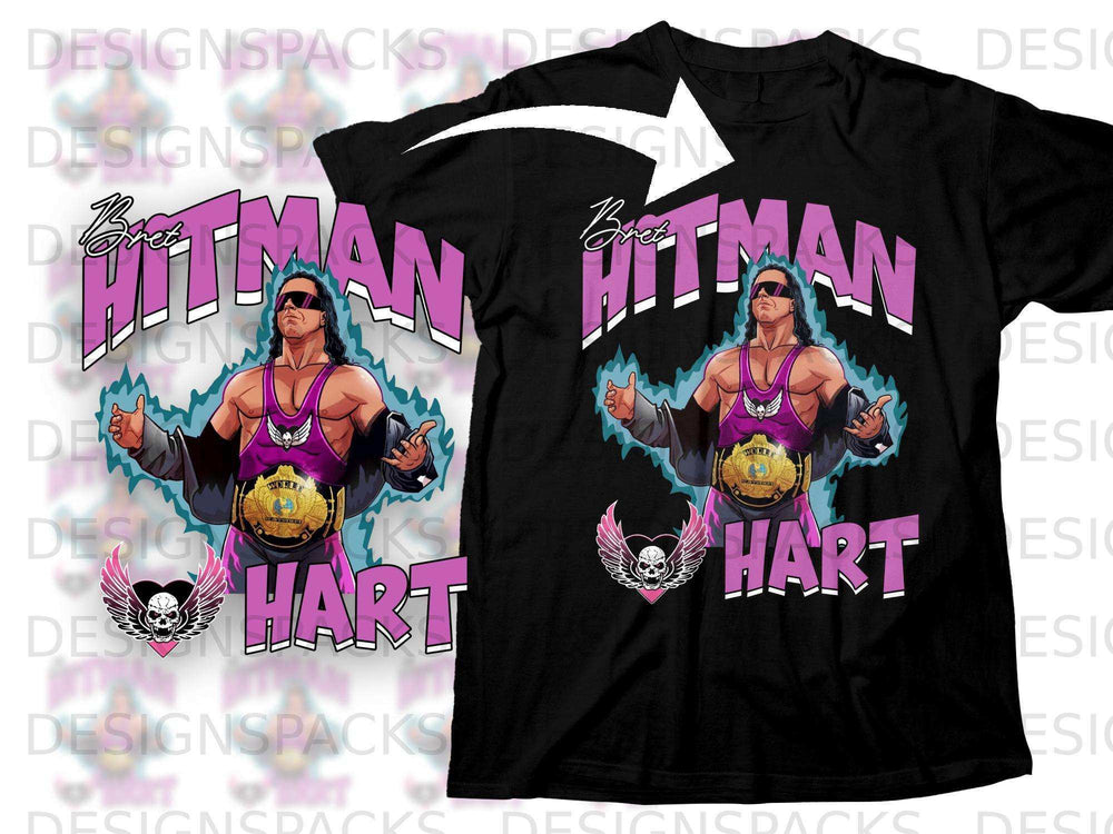 Bret "The Hitman" Hart wrestling t-shirt with wings and a championship belt.