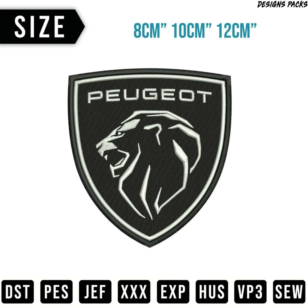 Peugeot logo patch with sizes 8, 10, and 12cm, and file formats.