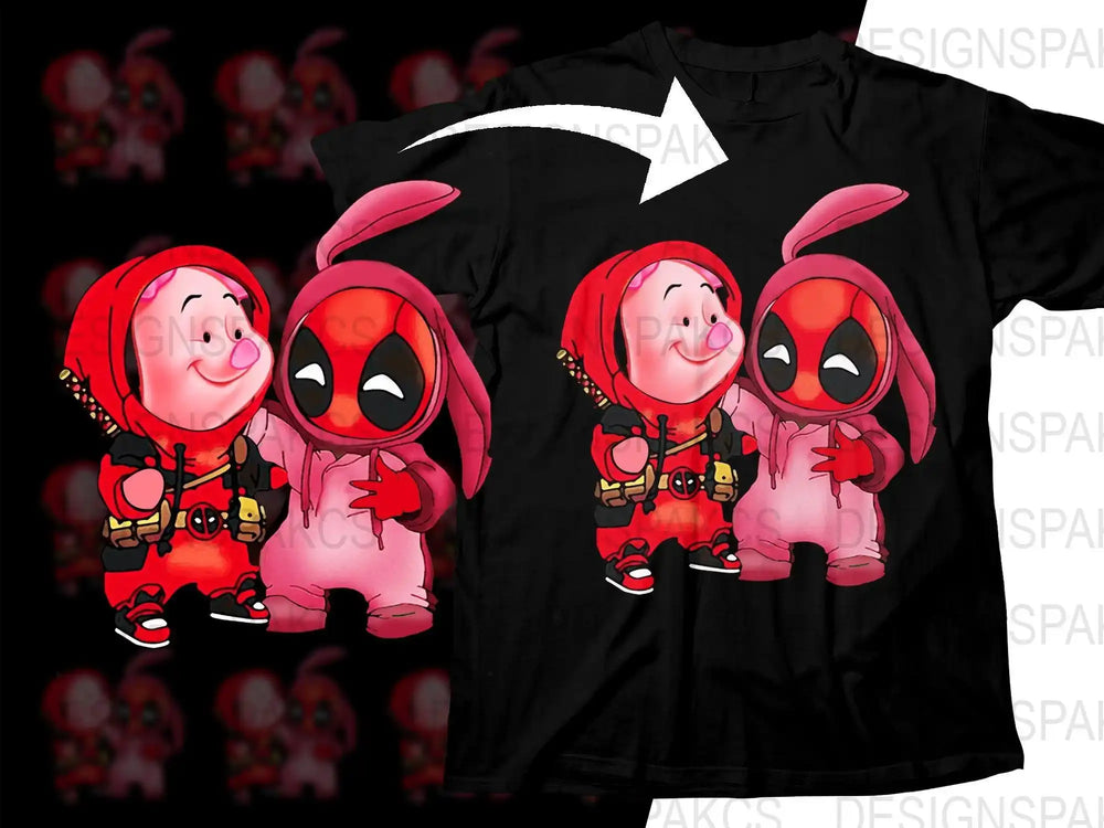 Cute Deadpool and Piglet in bunny costumes on black t-shirt, print-ready design