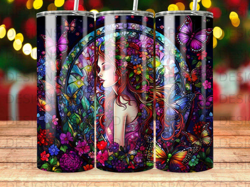 Woman with flowing red hair surrounded by colorful flowers and butterflies.