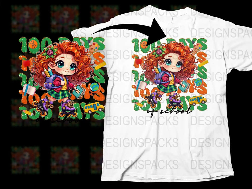 100 Days of School T-Shirt Design with Cute Girl, Roller Skates, Books, and School Supplies