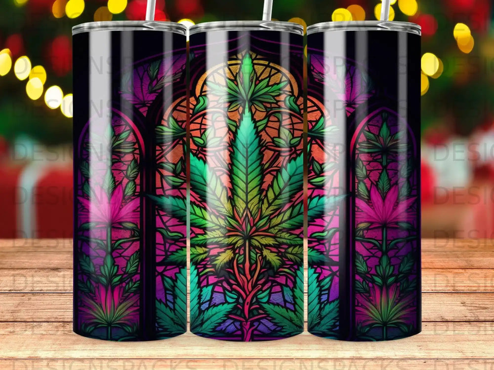 Stained glass cannabis leaf pattern on three tumblers.