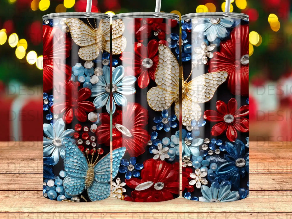 Red, white, and blue floral pattern with butterflies and rhinestones.