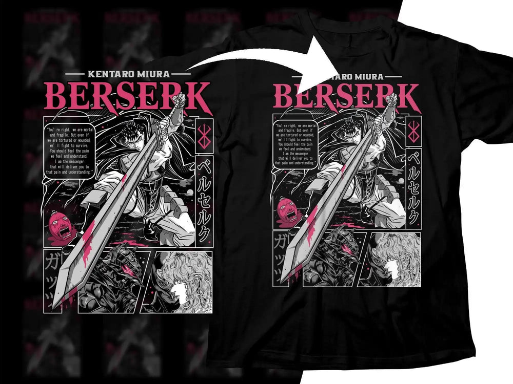 Berserk anime t-shirt design with Guts, sword, and manga panels in pink and black