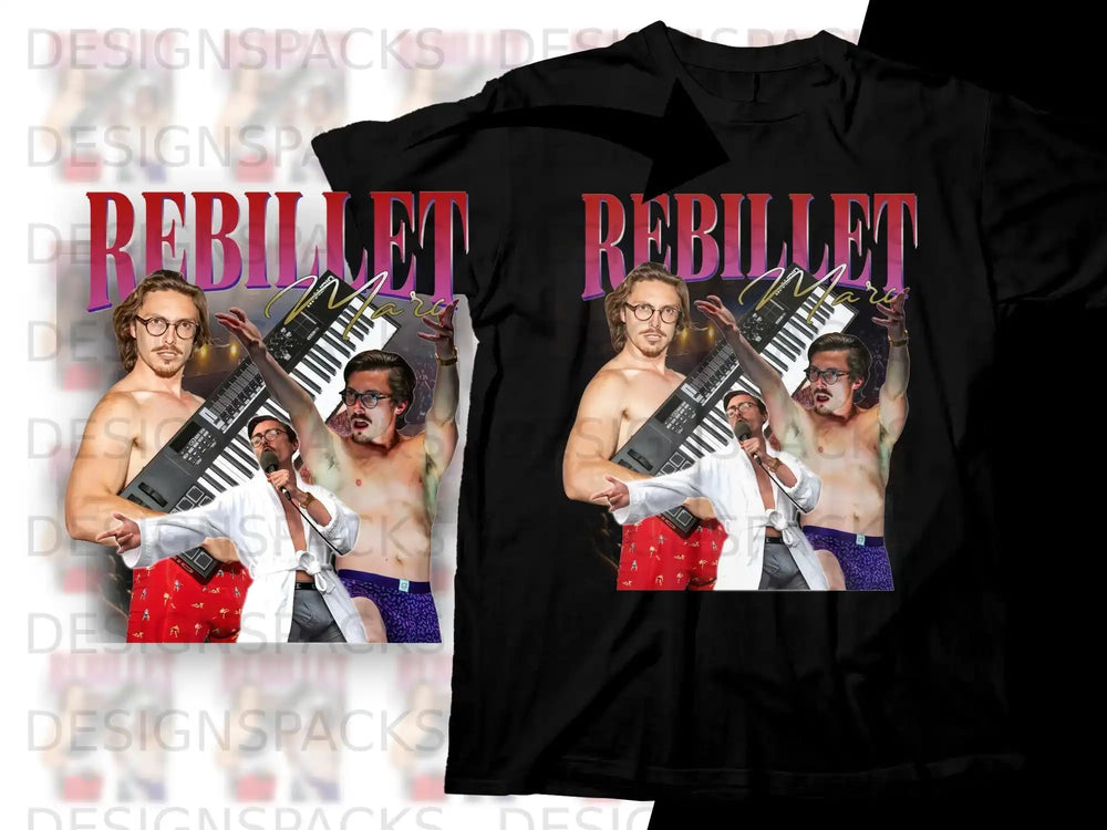Man in robe and underwear holding keyboard, with "REBILLET" text.