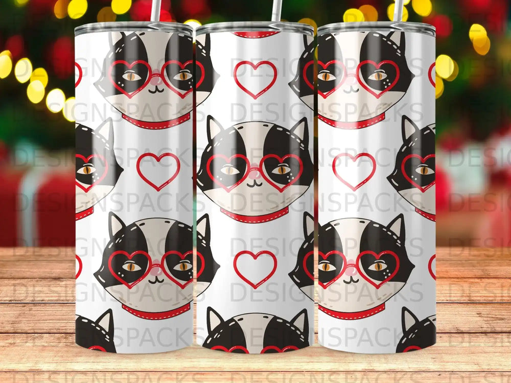 Black White Cat Red Heart Glasses Character product type