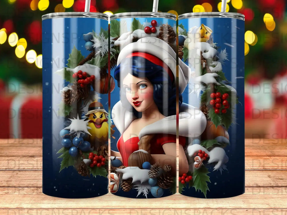 Snow White character wearing a winter outfit surrounded by snow and berries.