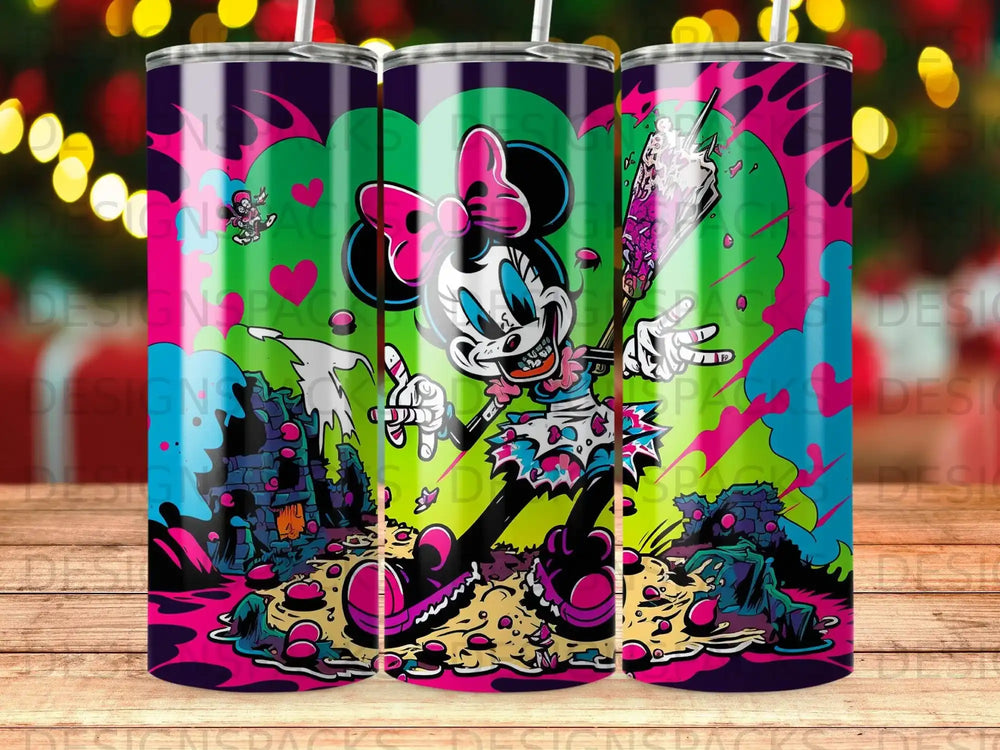Minnie Mouse in a colorful, vibrant outfit on a cartoon-style island.
