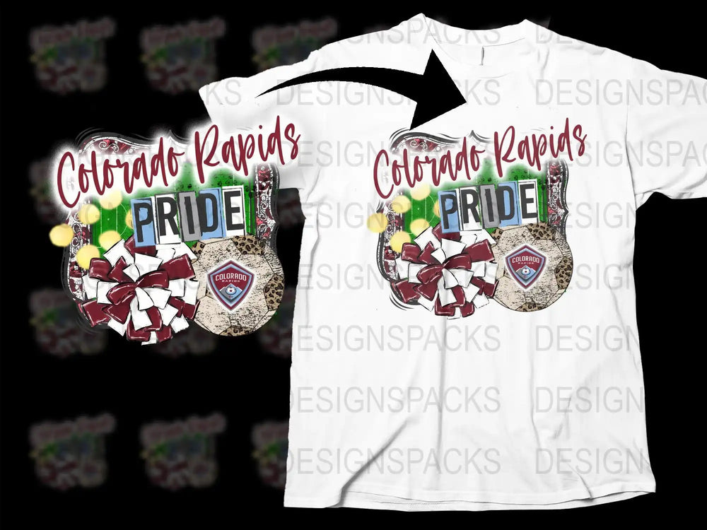 Colorado Rapids Pride soccer design on white t-shirt with pom-poms and team logo