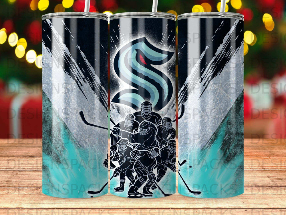 Seattle Kraken hockey team logo and silhouette of players on a blue and black background.