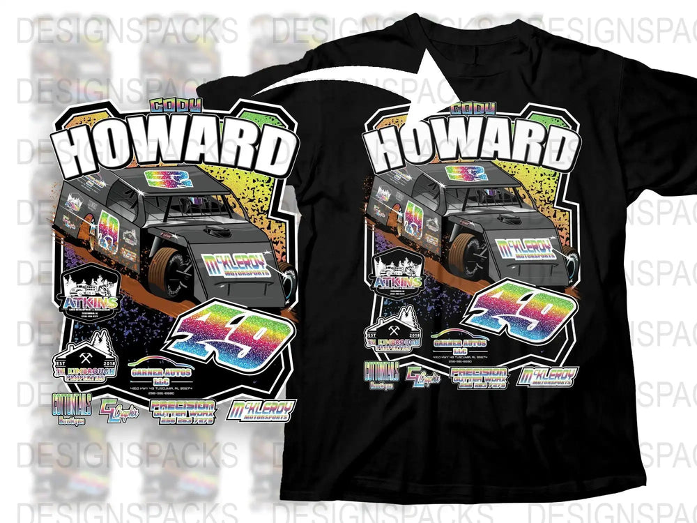 Cody Howard race car design on black t-shirt with rainbow number 49 and sponsor logos