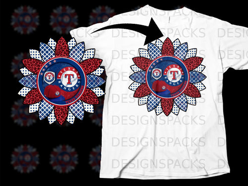 Texas Rangers themed sunflower design on a white t-shirt.