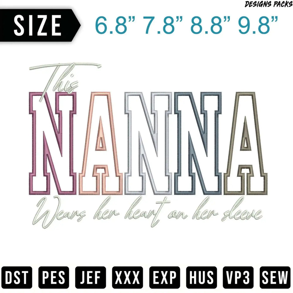 Embroidery design for "Nanna" with sizes and file types listed.