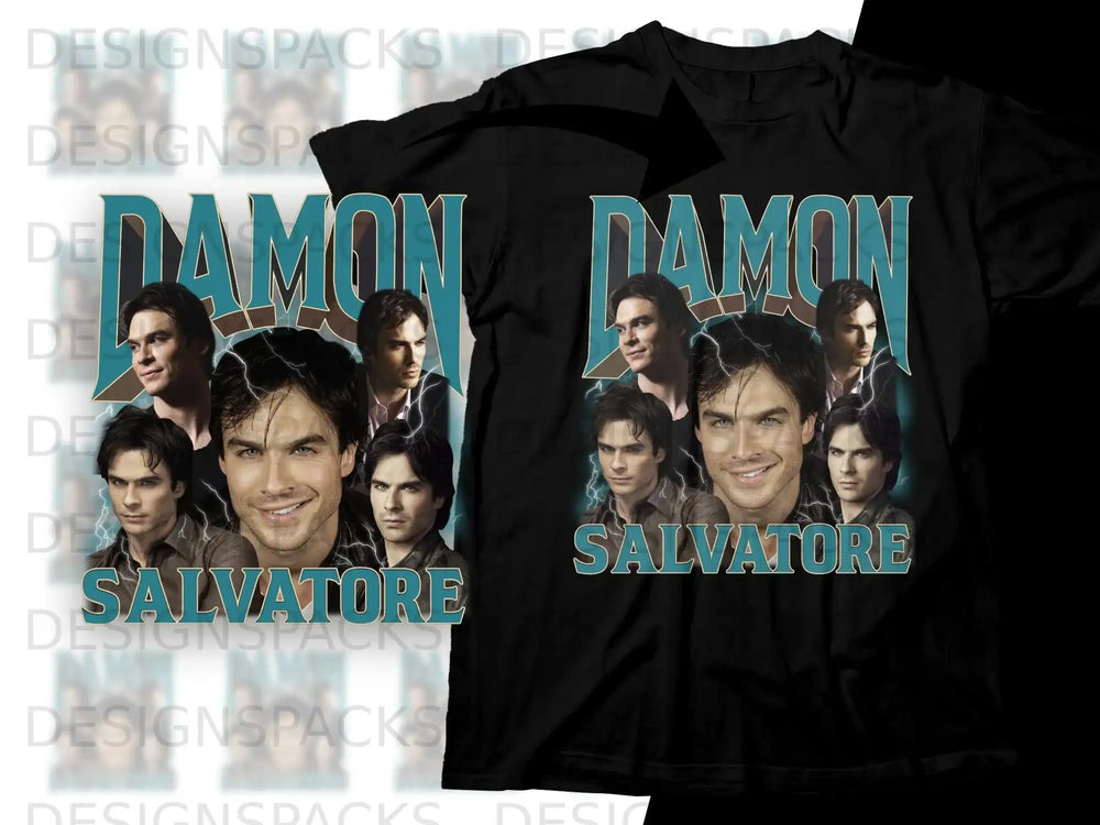 Damon Salvatore collage on a black t-shirt.