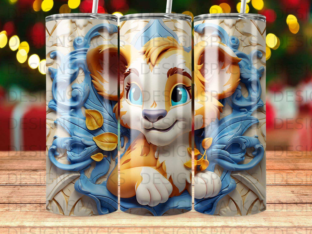 Lion cub with blue and gold floral accents on a tumbler.