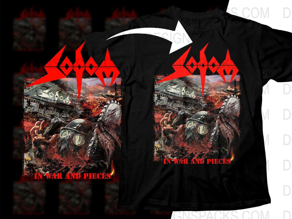 Sodom 'In War and Pieces' band t-shirt design with red logo and apocalyptic artwork