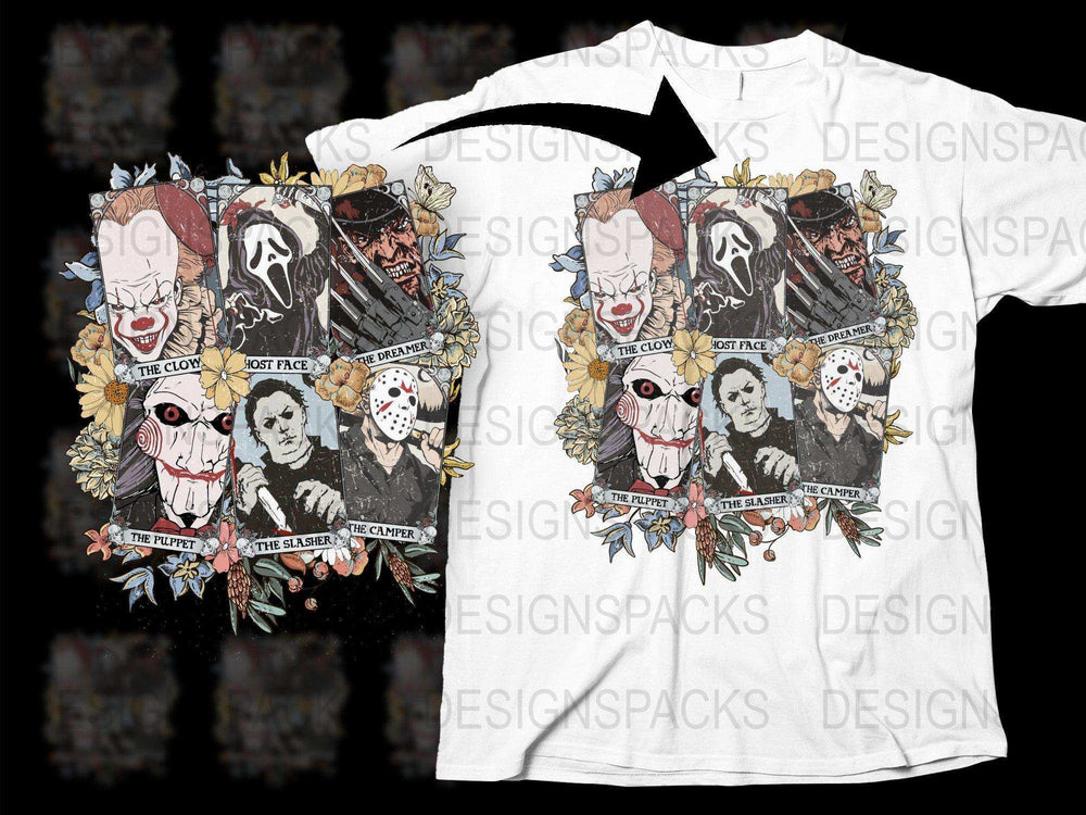 Horror movie characters t-shirt design with floral accents, print-ready for DTF/DTG