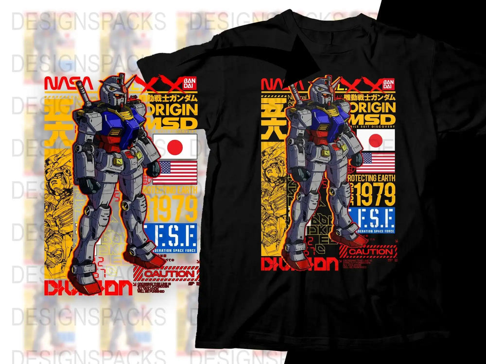Gundam MSD design on black t-shirt with NASA, F.S.F., and 1979 graphics for print-ready merch