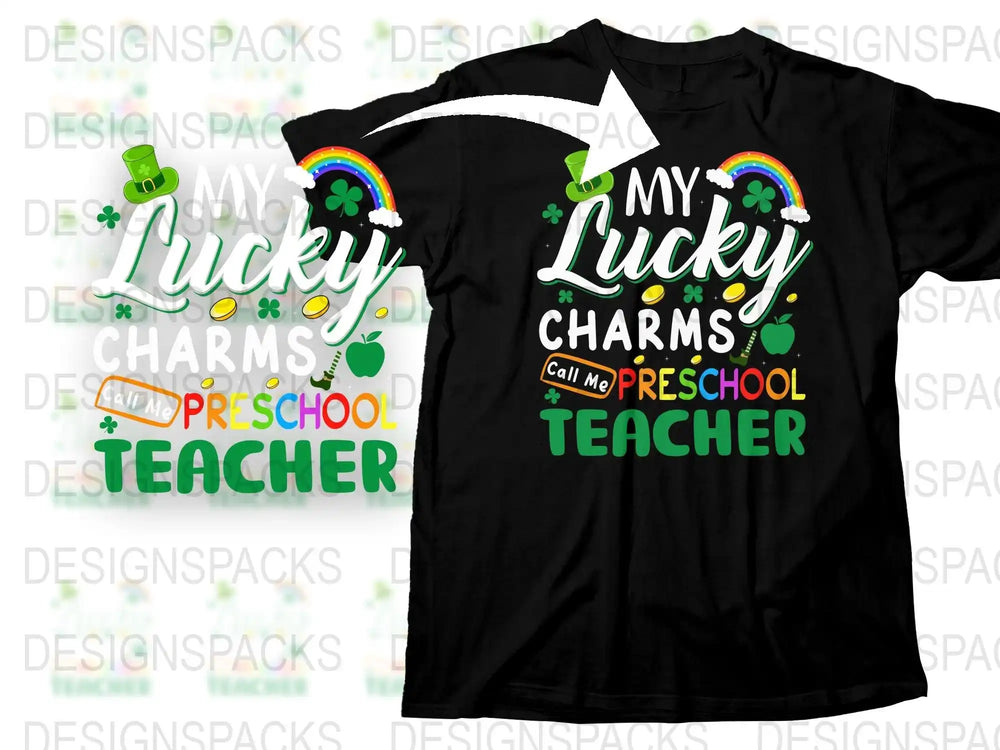 My Lucky Charms Preschool Teacher t-shirt with rainbow, shamrocks, and gold coins design