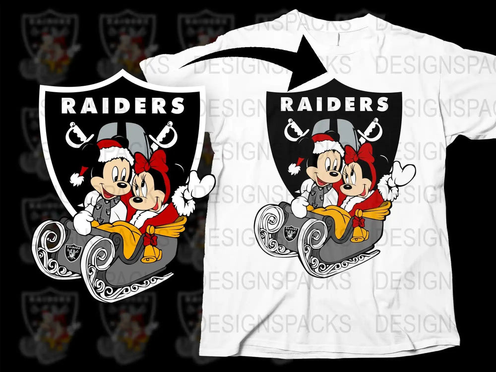 Mickey and Minnie in Santa hats on a sleigh with Raiders logo, festive holiday design for t-shirts.