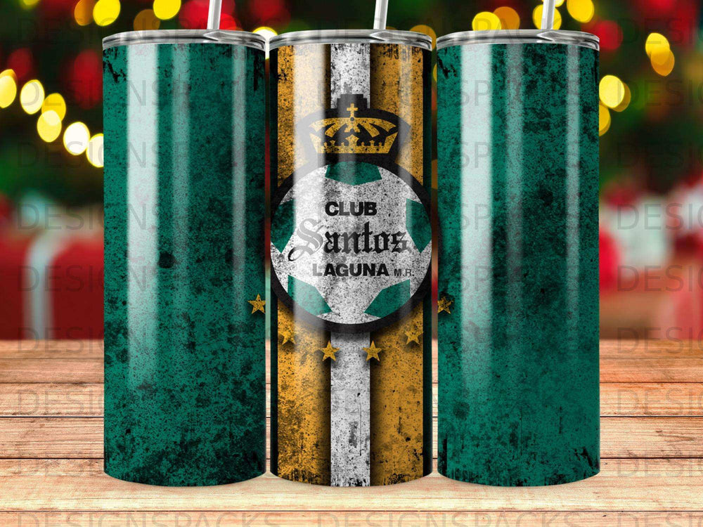 Club Santos Laguna soccer team logo on a grunge textured tumbler.