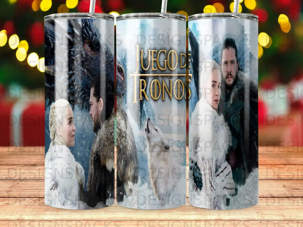 Game of Thrones tumbler with dragons, white walkers, and castle imagery.