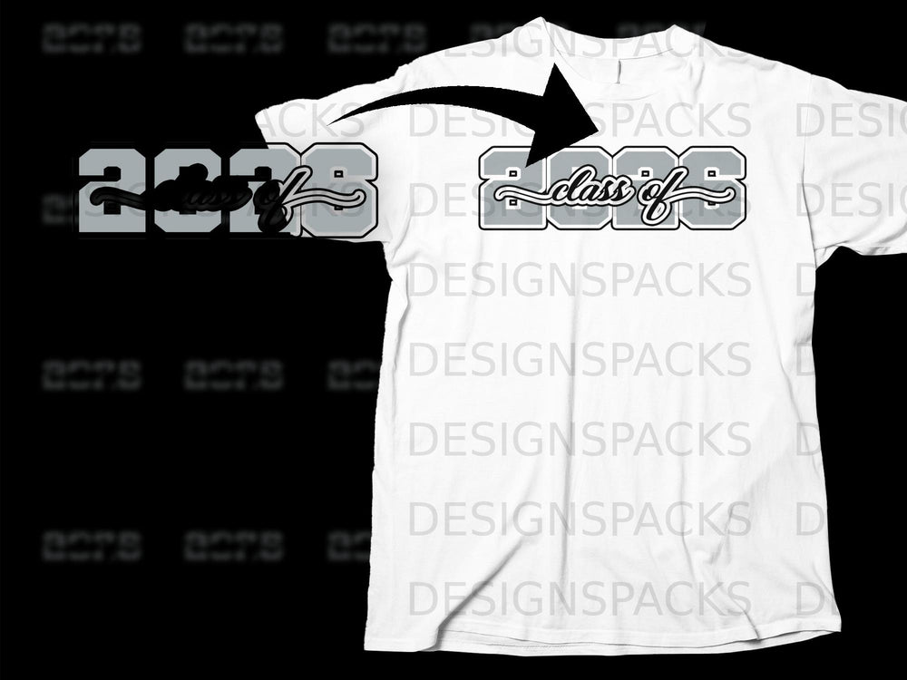 White t-shirt with "class of 2023" graphic in grey and black.