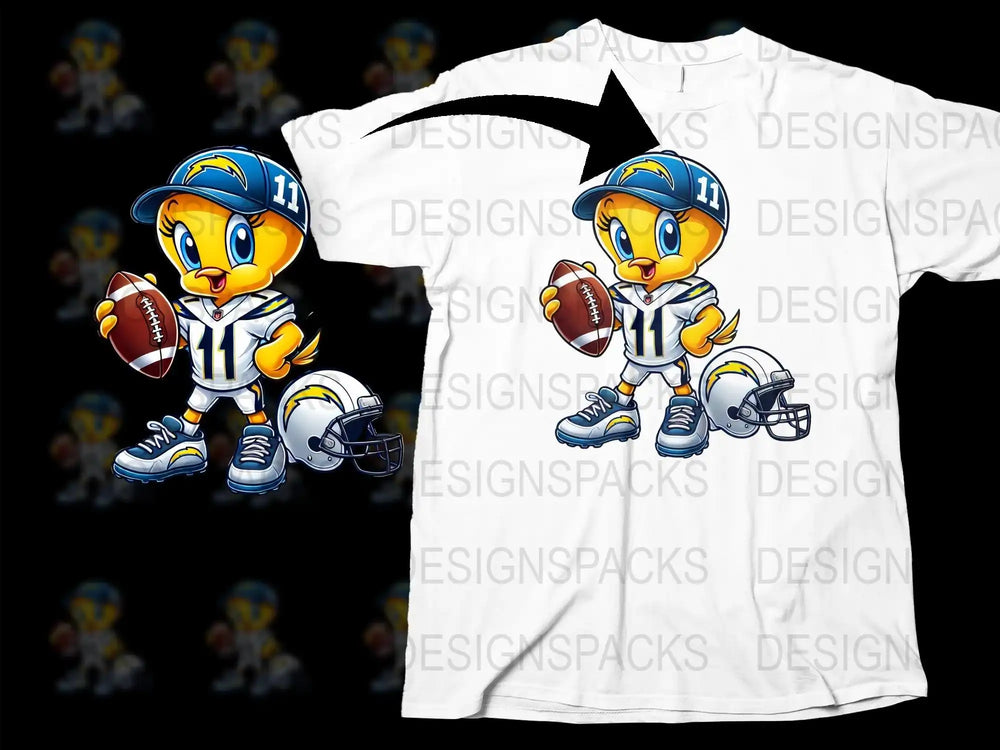 Cartoon duck football player with ball and helmet on white t-shirt design