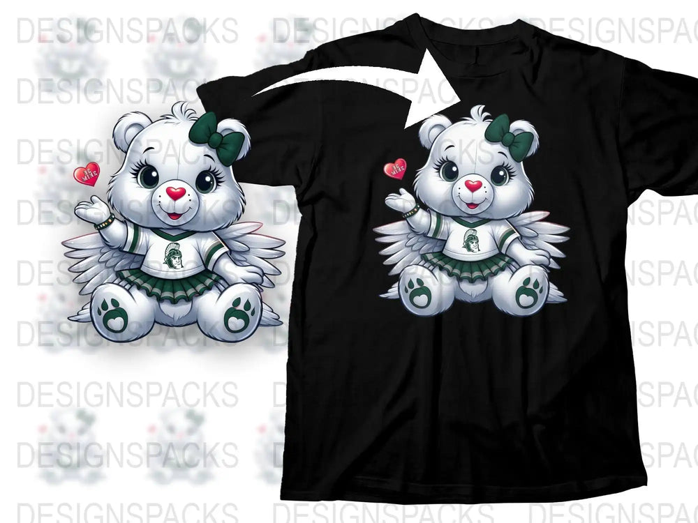 Cute white bear in green cheerleader outfit with wings on black t-shirt design