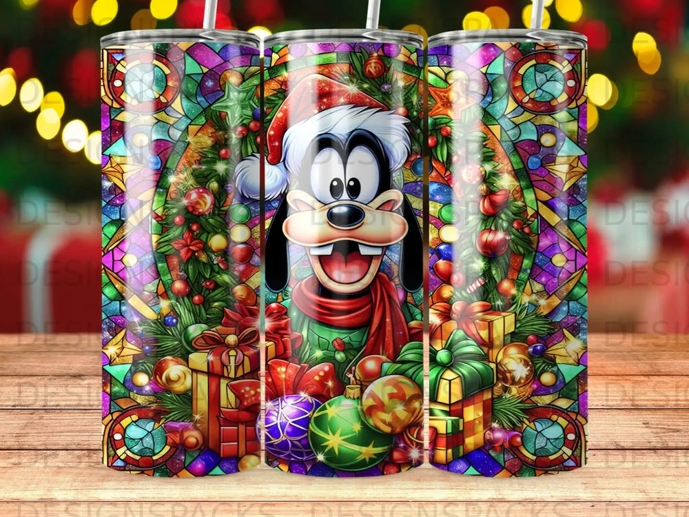 Goofy wearing a Santa hat with a stained glass Christmas pattern.