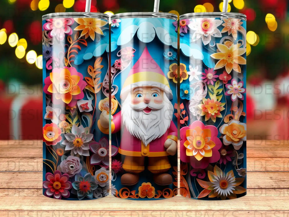 Gnome in pink outfit surrounded by colorful paper flowers.
