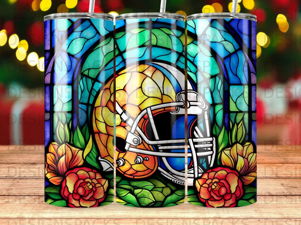 Stained glass football helmet with roses and leaves.