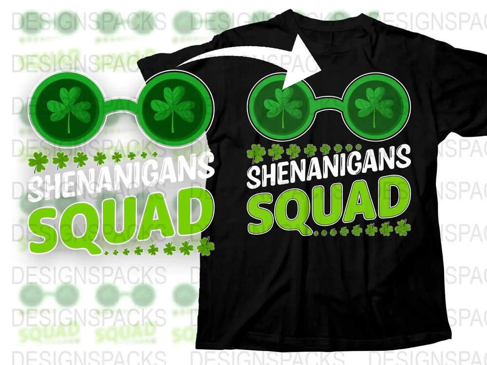 Shenanigans Squad t-shirt with green shamrock glasses design for St. Patrick's Day