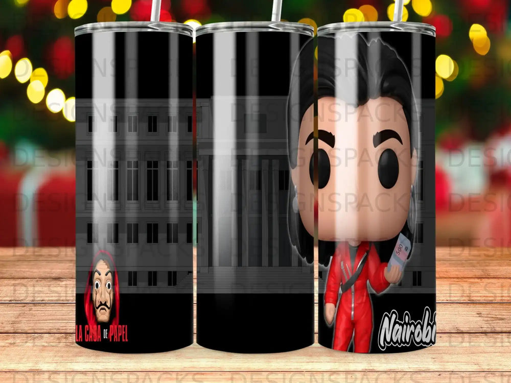 La Casa de Papel Nairobi tumbler with bank background and 500 euro bill design.