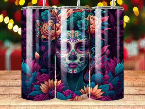 Sugar skull woman with floral headdress, dark background, tumbler wrap design.