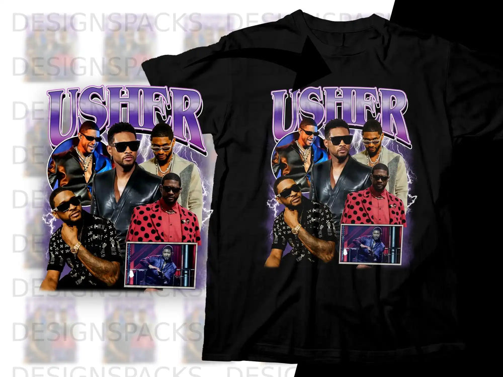 Usher t-shirt with collage of Usher photos and "Usher" text.
