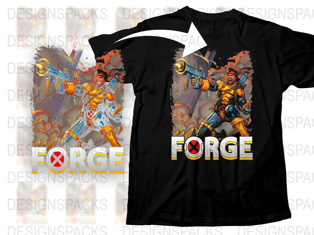 Cable comic character t-shirt design with 'FORGE' text, print-ready for DTF DTG, vibrant action art