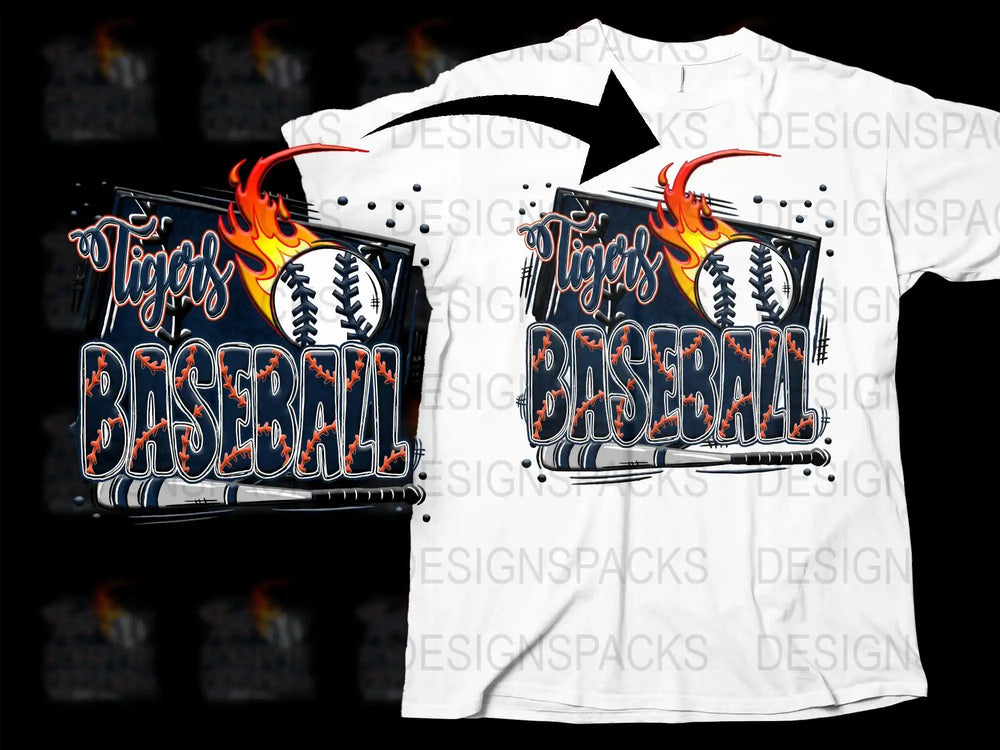 Tigers Baseball design with flame, ball, bat — print-ready for DTG/DTF shirts