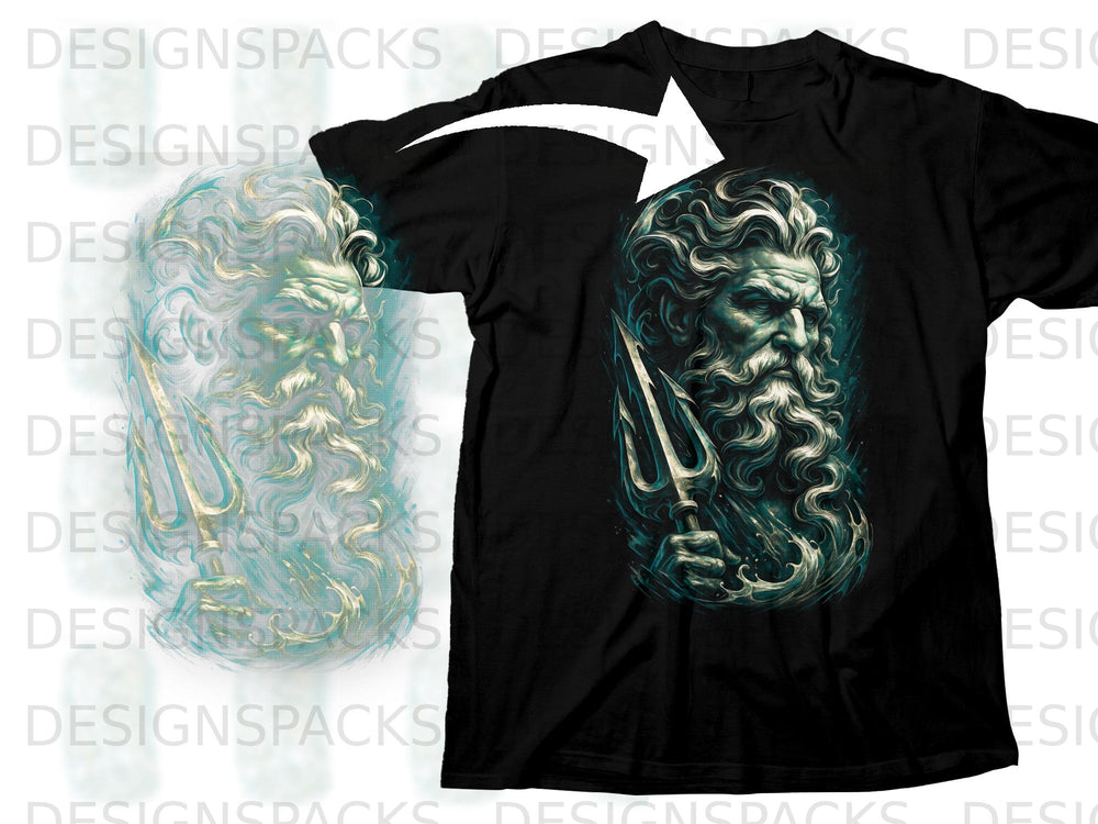 Black t-shirt with a detailed print of a man's head and trident.