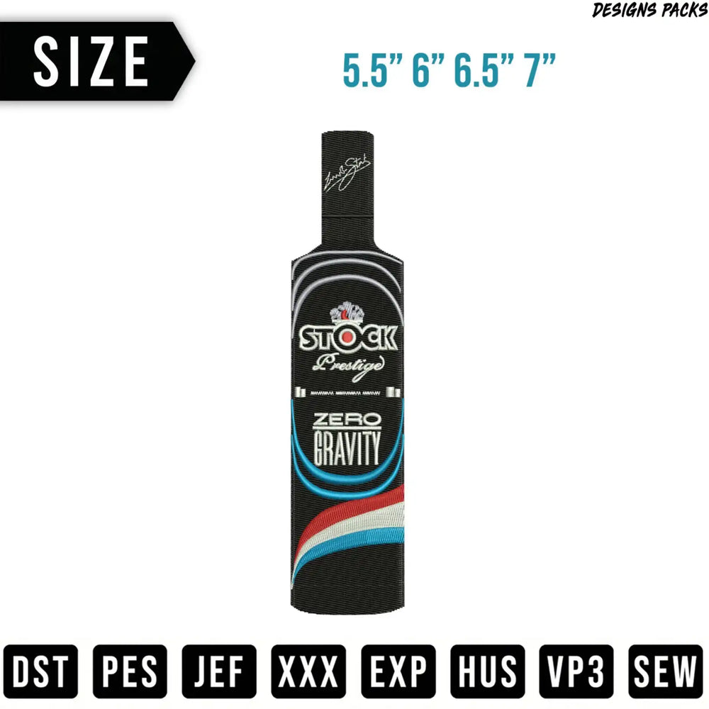 Embroidery design of a "Stock Prestige Zero Gravity" bottle with size options.