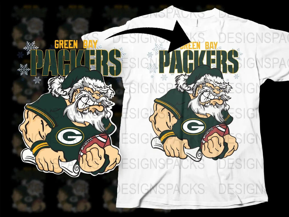 Green Bay Packers Santa design on white t-shirt with snowflakes, festive football theme