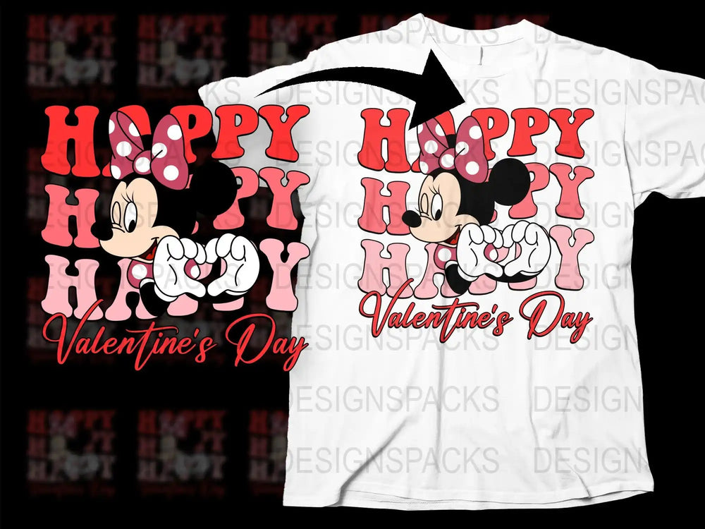 Minnie Mouse Happy Valentine's Day t-shirt design, print-ready PNG for DTF DTG, festive red pink text