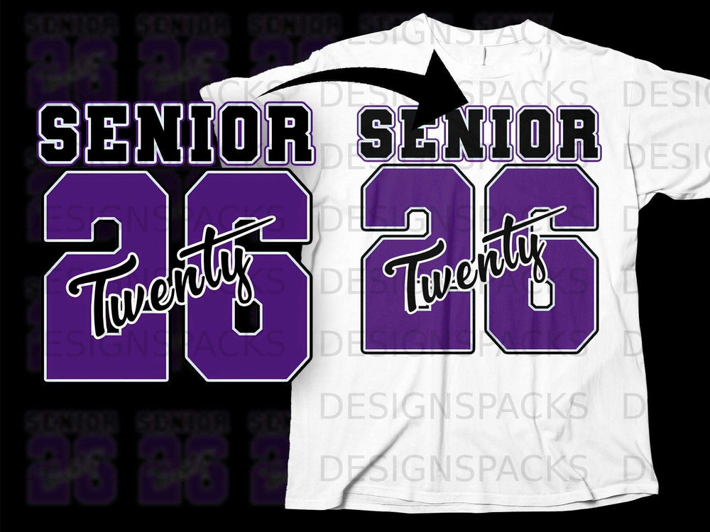 "Senior 26" graphic design with purple numbers and white outlines on a white t-shirt.