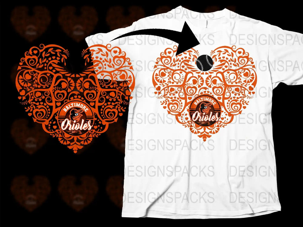 Baltimore Orioles heart design t-shirt with intricate orange patterns and baseball graphic