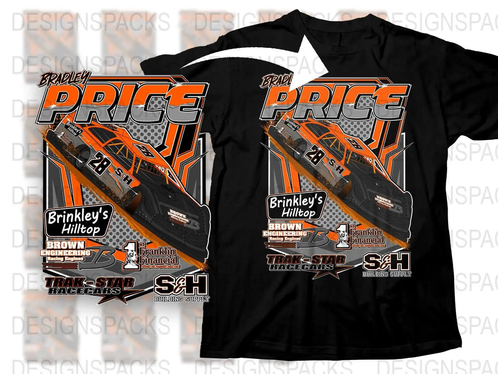 Bradley Price racing car t-shirt design with sponsor logos, print-ready for DTG/DTF